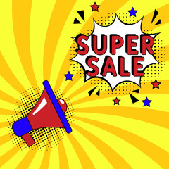 Comic book explosion with text Super sale, vector illustration. Vector bright cartoon illustration in retro pop art style. Super sale in pop art style. Creative poster, web banner