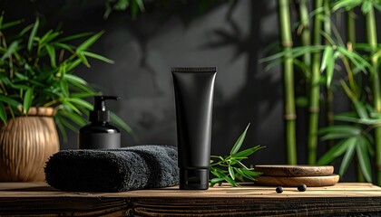 Black tube & pump sit on a dark wooden surface with tropical bamboo and leafy greens behind. Still life shot with black backdrop