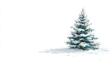 Decorated Christmas tree with colorful ornaments stands majestically on blanket of snow, creating serene winter scene filled with holiday cheer and warmth