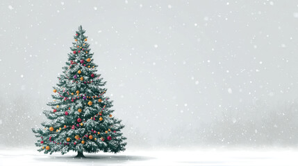 Fototapeta premium Beautifully decorated Christmas tree stands in snow, surrounded by falling snowflakes, creating serene winter atmosphere. vibrant ornaments add festive touch to tranquil scene