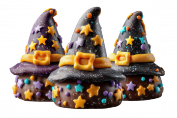 Whimsical cupcake halloween witch hat chocolate frosting sprinkles stars colorful party dessert celebration with playful mood and festive charm, spooky sweet treat on transparency background