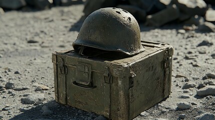 Worn military helmet atop a weathered ammunition crate on sandy ground