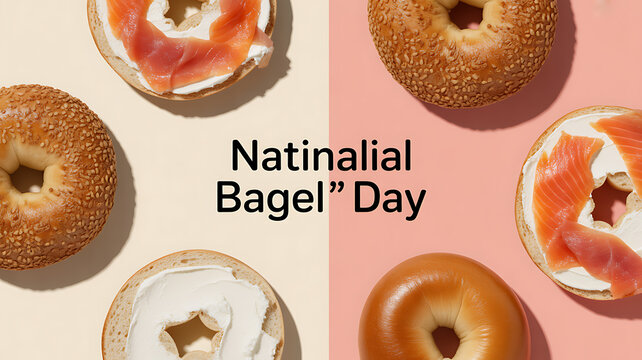 National Bagel Day celebration featuring assorted bagels with cream cheese and lox on a split background