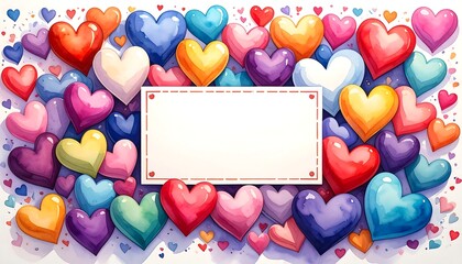 Colorful hearts surround a blank rectangular card