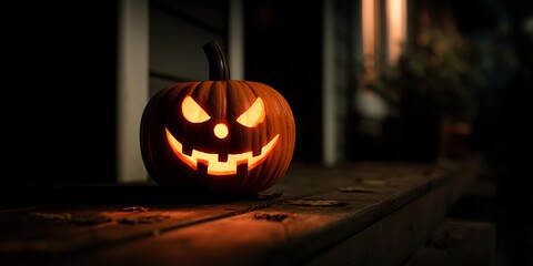 Fototapeta premium A spooky carved pumpkin glowing on a porch, embodying the essence of Halloween and autumn festivities.