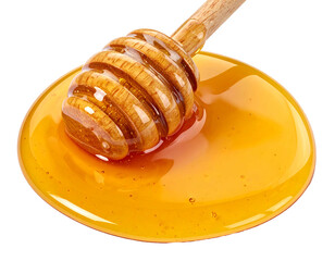 Honey dripping from wooden dipper