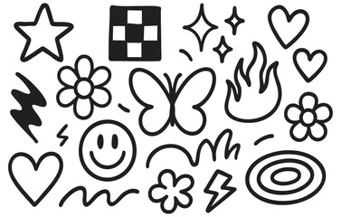 Hand Drawn Doodle Icon Collection with Heart Star Flower Butterfly and Smiley Isolated on Transparent Background, Generative AI