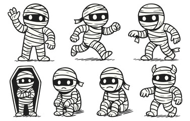 Cute Cartoon Mummy Character Collection in Various Poses Isolated on Transparent Background, Generative AI