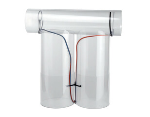 Clear plastic T-shaped apparatus with two cylindrical containers, connected by wires