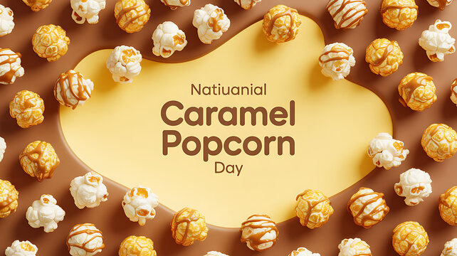 National Caramel Popcorn Day celebration with caramel-coated popcorn arranged around a yellow label on a brown background