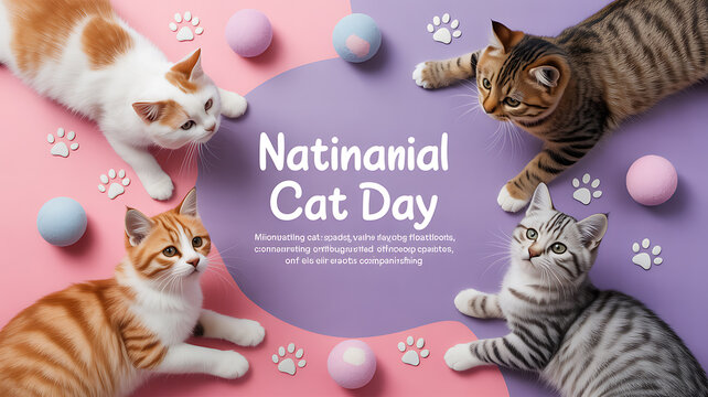 Illustration of four cats in a colorful circular composition celebrating National Cat Day with paw prints and decorative balls
