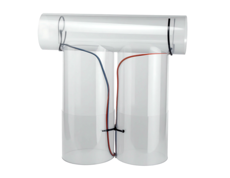 Clear plastic T-shaped apparatus with two cylindrical containers, connected by wires