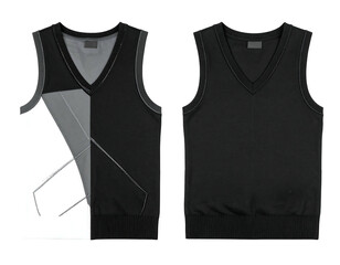 Front and back view of a gray and black sleeveless sweater
