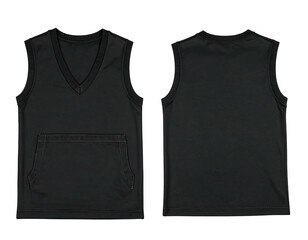 Front and back view of a plain black sleeveless top with a v-neck and a small pocket
