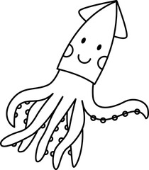 Vector Illustration of Squid.  Simple Outline Squid Coloring Page