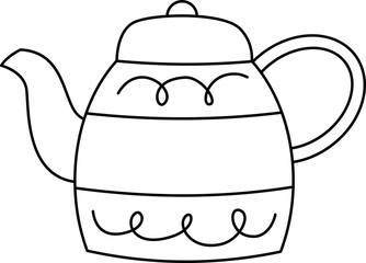 Tea Kettle Vector Illustration. Simple Outline Apple Coloring Page.