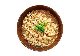 Top down view, plain chicken ramen noodles in brown bowl on transparent or white background