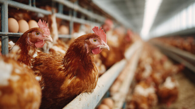 Brown chickens in poultry farm with laying hens and fresh eggs in cages arranged in indoor barn illuminated by soft light creating a cozy farming atmosphere