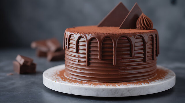 Chocolate cake with glossy chocolate ganache and decorative chocolate pieces on a marble stand