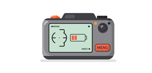 Fototapeta premium camera icon digital camera screen showing low battery life ideal for demonstrating technology issues in blog posts or gadget reviews.