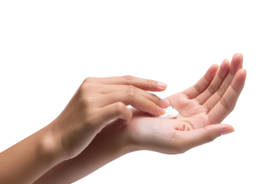 Woman putting moisturizing cream on hand Isolated on transparent or white Background - Powered by Adobe