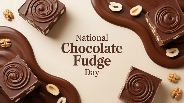 National Chocolate Fudge Day celebration featuring chocolate fudge squares with nuts and swirl designs on a creamy background
