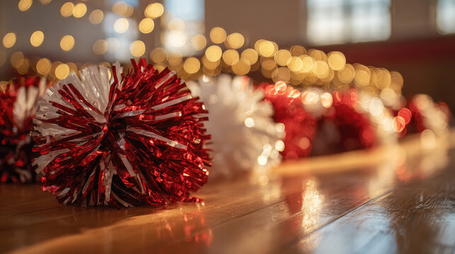 Red and white cheerleading pom-poms on wood concept. Colorful pom poms on wooden floor with blurred lights background.