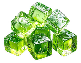 Bright green ice cubes with water droplets