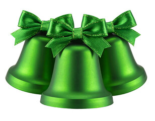 Three glossy green Christmas bells, each adorned with a bright green ribbon bow