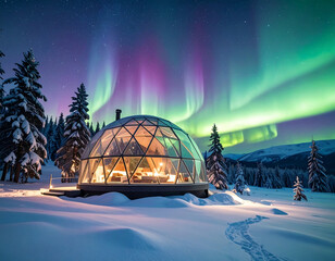 Magical night under the Northern Lights A luxurious glass igloo hotel nestled in a pristine, snow-covered arctic landscape, offering an unforgettable winter travel experience