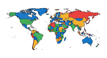 Fototapeta premium Colorful world map showing global geography continents countries and regions highlighting diverse regions and international boundaries perfect for educational use.