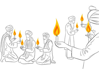 Vibrant Guru Nanak Jayanti and Gurpurab celebration depicted in a reverent Guru Nanak illustration, showcasing a profound Sikh festival in India with devotees engaged in spiritual prayer