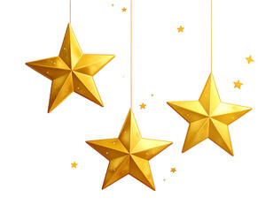 Three golden stars hanging by strings, scattered small stars, black background
