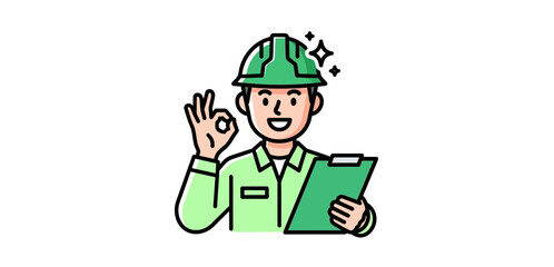 Construction worker giving okay sign holding clipboard ensuring safety compliance on site perfect for illustrating project management and regulatory oversight.