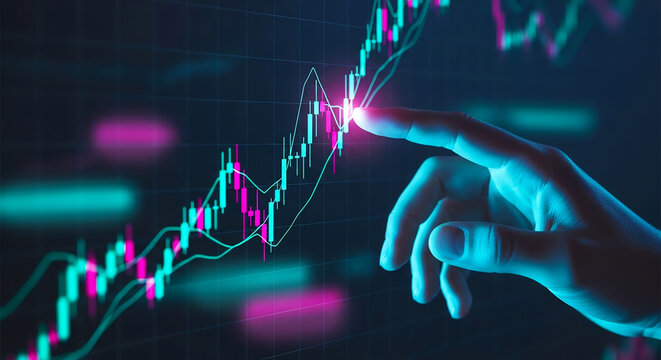 Dynamic digital stock market analysis with a glowing chart, a futuristic hand interacting to visualize financial growth, investment strategy, and economic data in a virtual interface