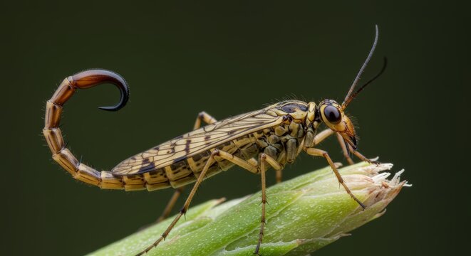 Detailed view of a scorpionfly insect on a plant stem