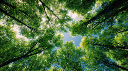Fototapeta premium Trees in forest rising toward blue sky concept. Vibrant green leaves against a clear blue sky in a forest.