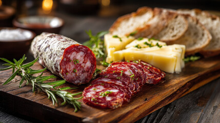 Charcuterie board featuring sliced salami, cheese, fresh herbs, and rustic bread served on a wooden platter with a warm ambiance and cozy lighting.