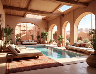 Luxury desert oasis indoor swimming pool with lounge chairs and lush plants bathed in warm sunlight