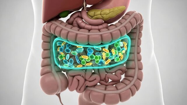 Human Digestive System with Bacteria Animation Showing Gut Health