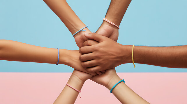 Multiple hands of diverse individuals joining together in unity, each wearing colored wristbands against a pastel background