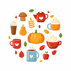 Charming Autumn Harvest and Cozy Drinks Circle Illustration, Celebrating Fall Season's Warmth and Abundance