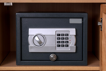 Modern safe on shelf in room, closeup