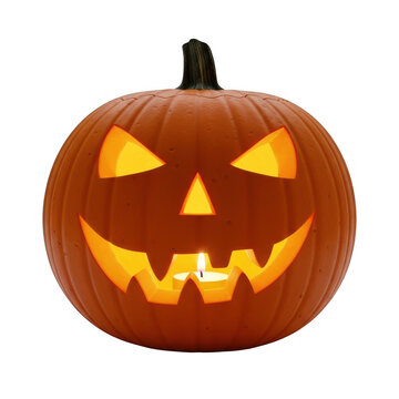 A classic spooky jack o lantern carved pumpkin glowing warmly isolated on transparent background