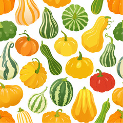 Colorful seamless pattern featuring a diverse assortment of autumn harvest gourds, pumpkins, and various types of squash on a white background