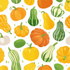 Seamless Pattern of Assorted Gourds and Pumpkins in Various Shapes and Colors for Autumn Harvest Celebrations