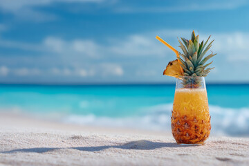Holiday greeting card featuring a tropical pineapple drink on a sunny beach setting. Summer vacation celebration banner with space for your message.