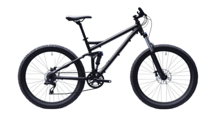 Black full-suspension mountain bike with disc brakes
