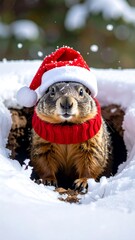 A groundhog in a snowy burrow, wearing a Santa hat and scarf