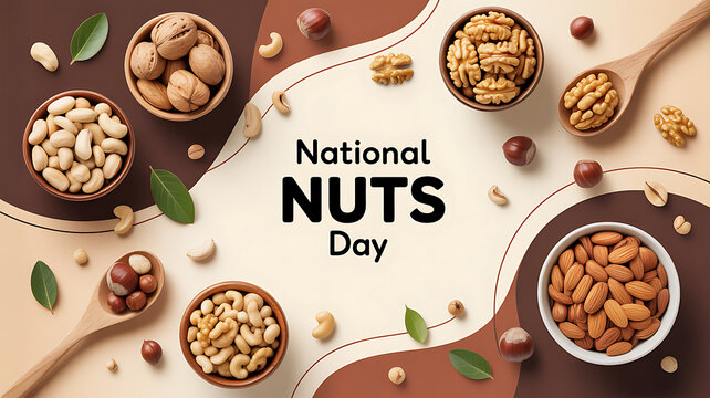 National Nuts Day celebration featuring various types of nuts arranged in bowls and spoons on a decorative background